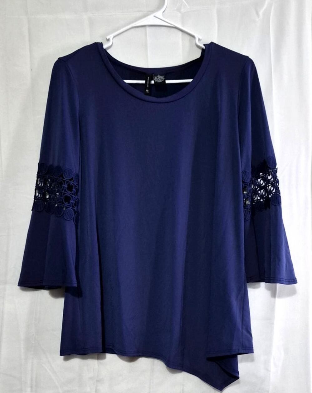 Women's New Directions Navy Blue Crochet Lace Bell Sleeve Blouse